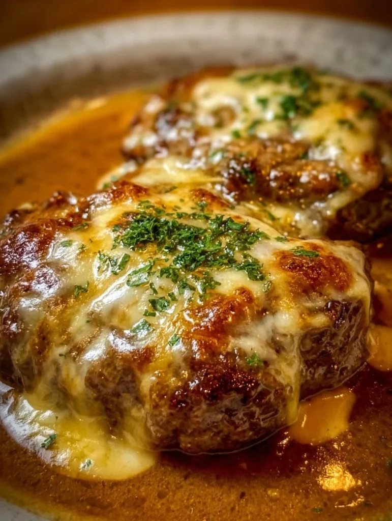 Decadent Amish hamburger steak bake with rich gravy and veggies