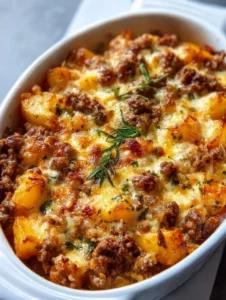 A hearty serving of delicious Hobo Casserole topped with cheese and vegetables.