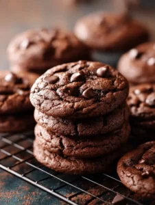 Freshly baked double chocolate chip cookies on a cooling rack