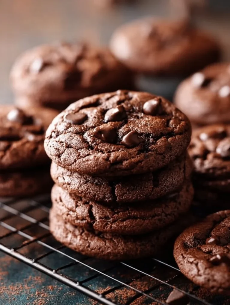 Freshly baked double chocolate chip cookies on a cooling rack