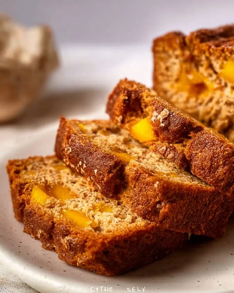 Loaf of easy mango bread on a wooden table, garnished with fresh mango slices