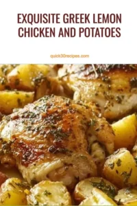 Plate of exquisite Greek Lemon Chicken with potatoes garnished with herbs