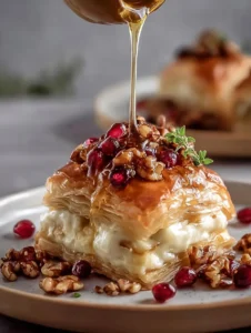 Flaky puff pastry with brie cheese, cranberries, and toasted walnuts on a plate.