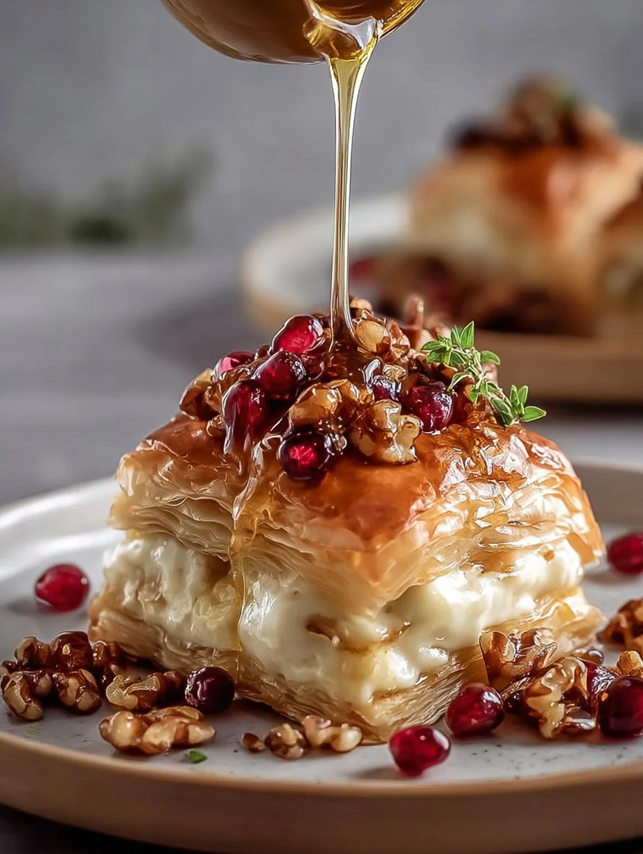 Flaky puff pastry with brie cheese, cranberries, and toasted walnuts on a plate.