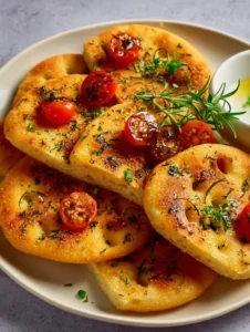 Homemade focaccine bread with herbs and cheese on a wooden board