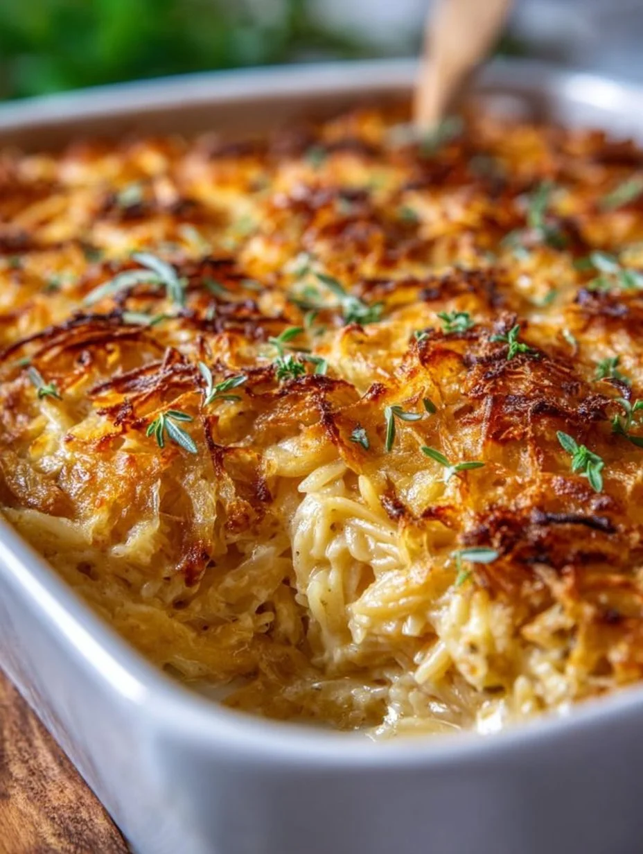 Delicious French Onion Chicken Orzo Casserole topped with melted cheese