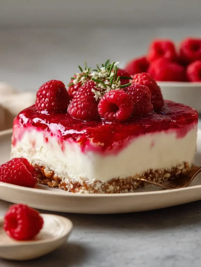 Gluten-free raspberry pretzel salad in a bowl with fresh raspberries