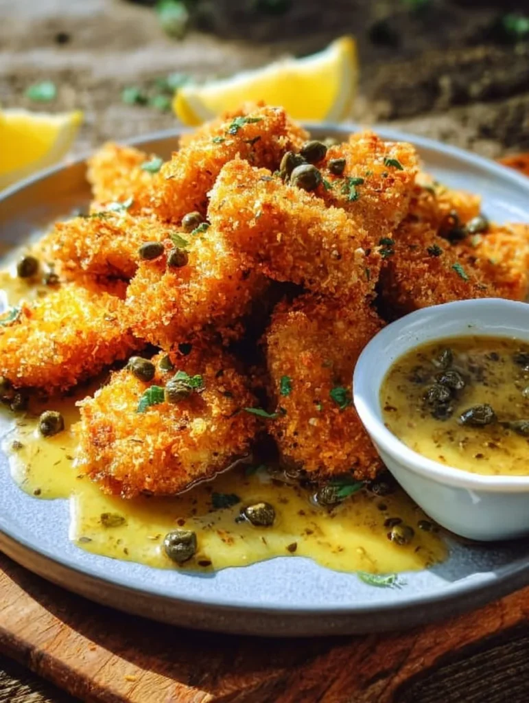 Golden chicken nuggets served with lemony piccata sauce