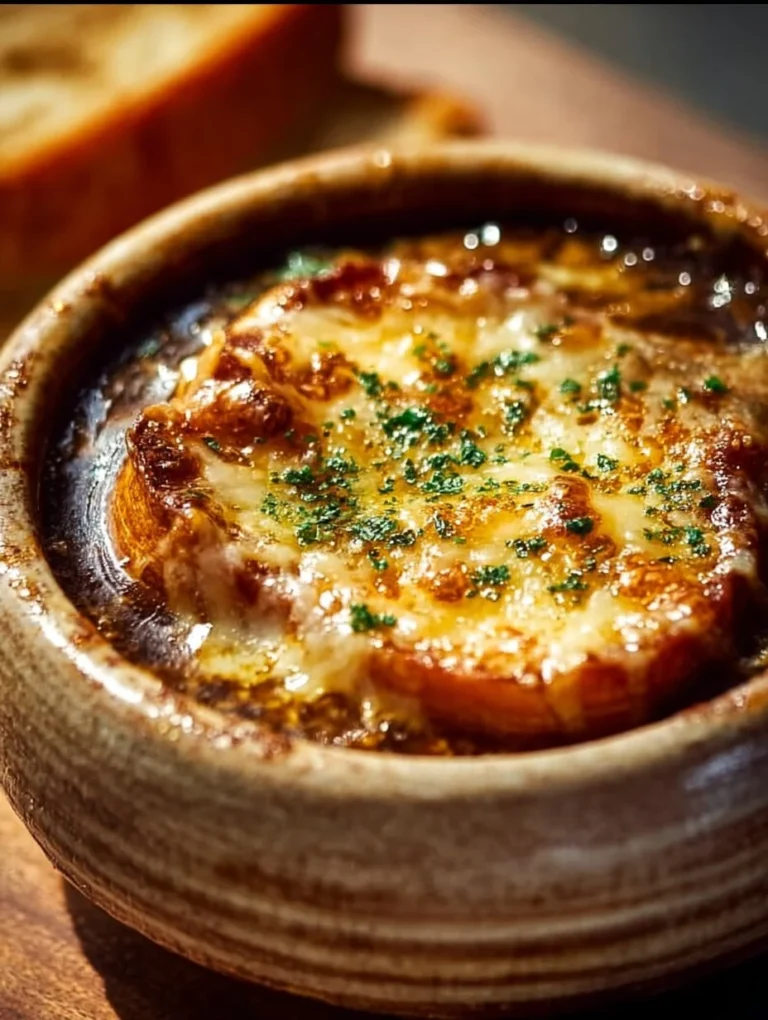 Delicious bowl of Guinness Onion Soup topped with melted cheese and herbs