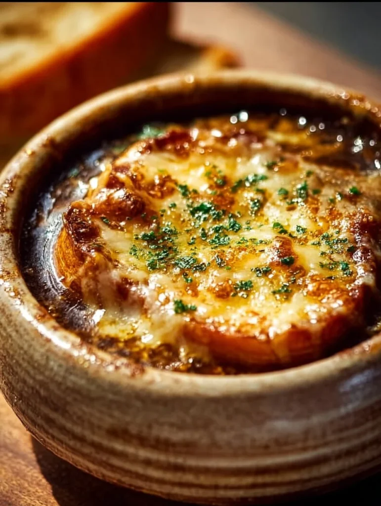Delicious bowl of Guinness Onion Soup topped with melted cheese and herbs