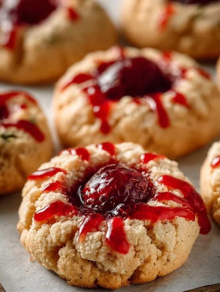 Italian Raspberry Thumbprint Cookies topped with raspberry jam on a plate.