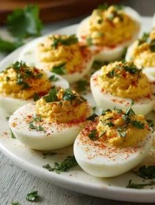 Delicious low-carb deviled eggs garnished with herbs