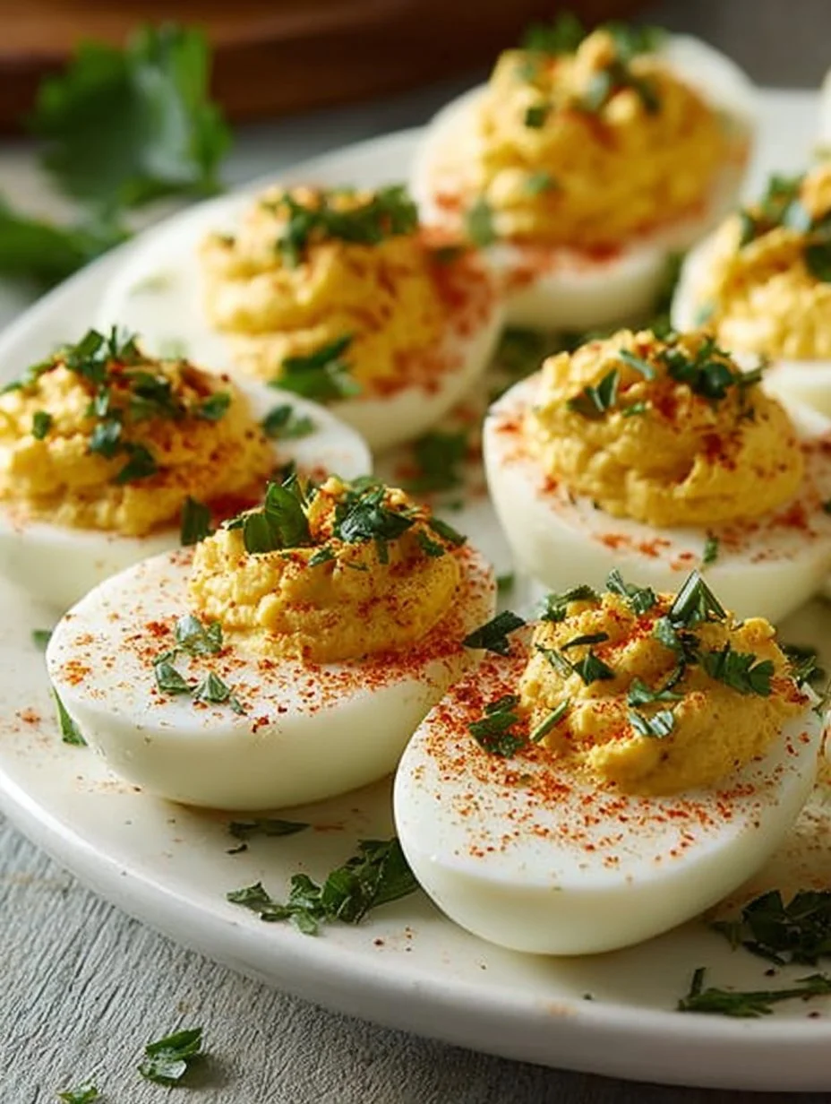 Delicious low-carb deviled eggs garnished with herbs