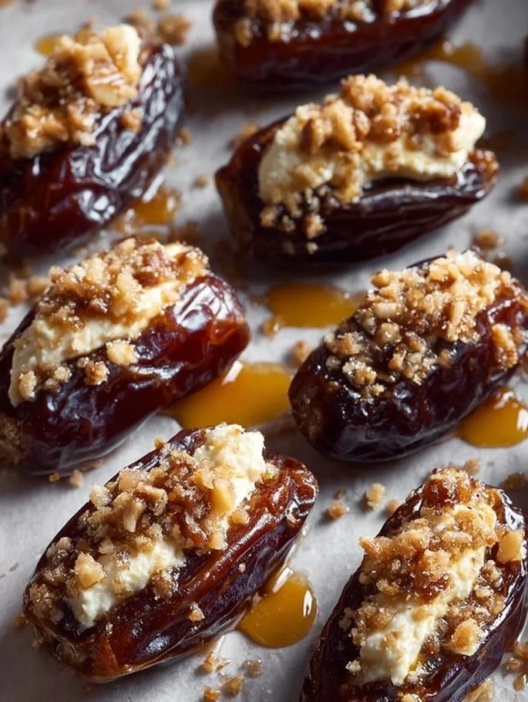 Delicious mascarpone stuffed dates topped with a maple drizzle on a plate
