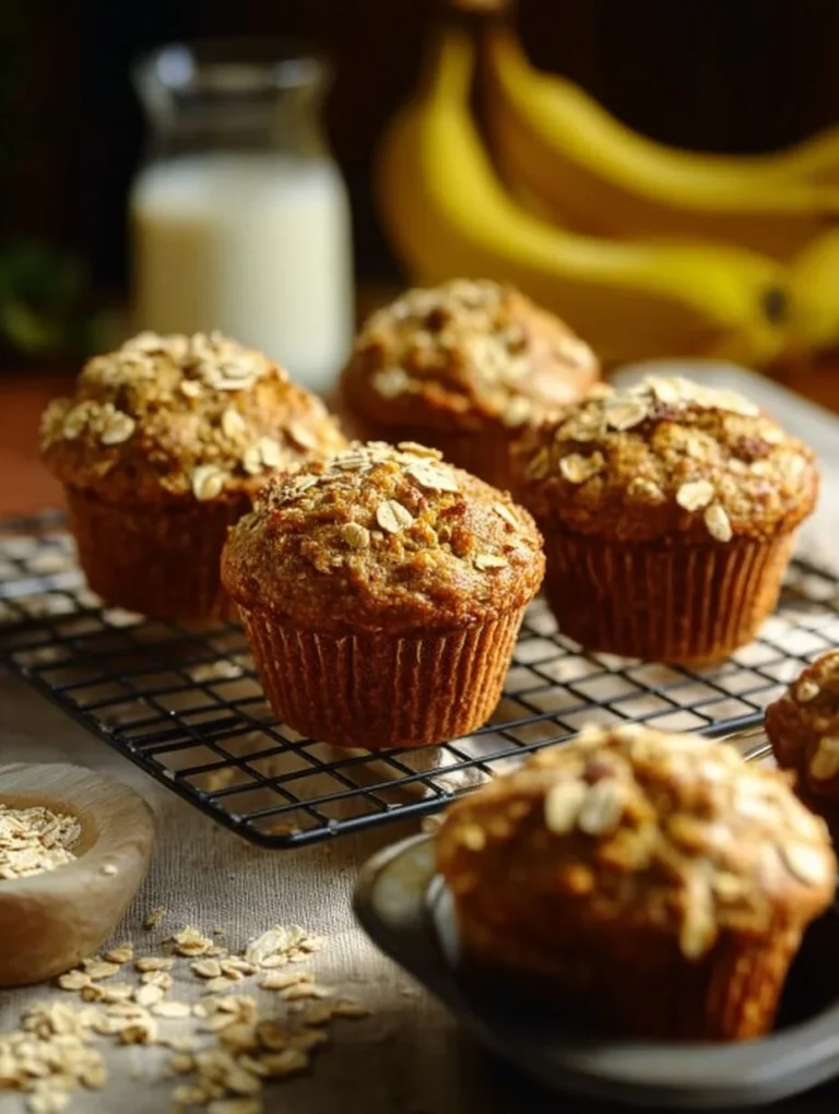 Freshly baked no-fuss banana oat muffins on a wooden table