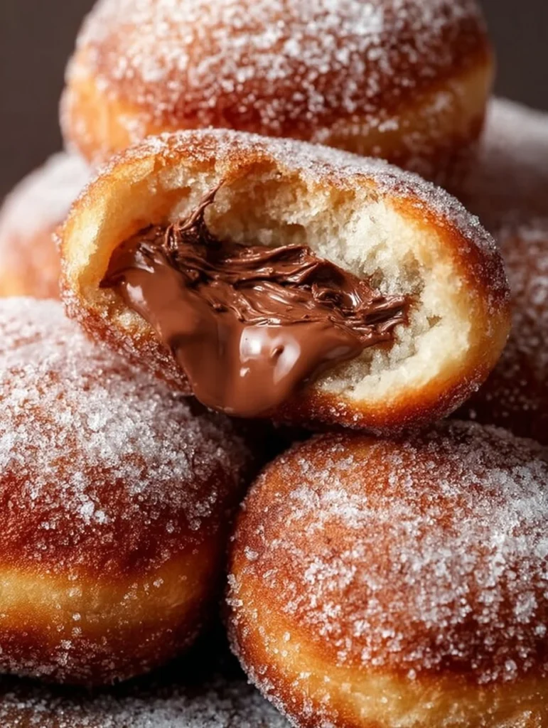 Nutella stuffed biscuit doughnuts topped with chocolate and sprinkles