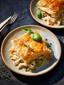 Puff pastry chicken and leek casserole baked to golden perfection