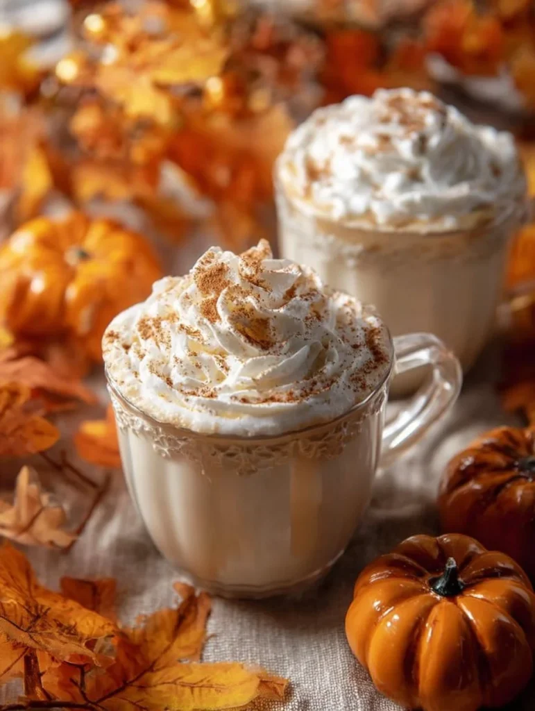 Delicious pumpkin white hot chocolate topped with whipped cream and spices