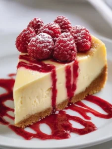 Delicious raspberry cheesecake topped with fresh raspberries and cream