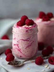 Raspberry Overnight Oats topped with fresh raspberries and nuts in a glass jar