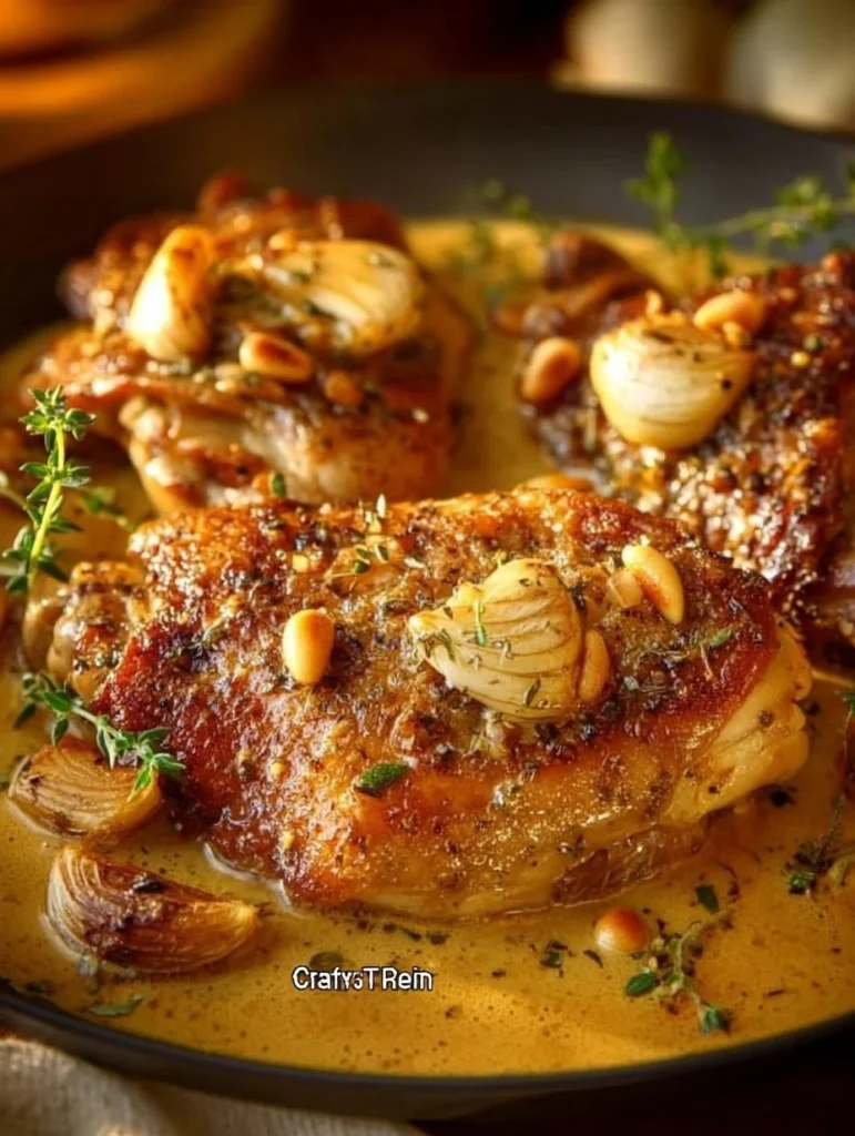 Delicious rustic roasted garlic chicken ready to serve