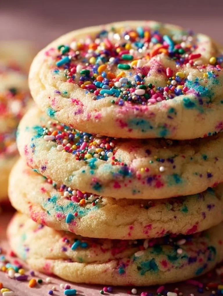Freshly baked sprinkle sugar cookies decorated with colorful sprinkles