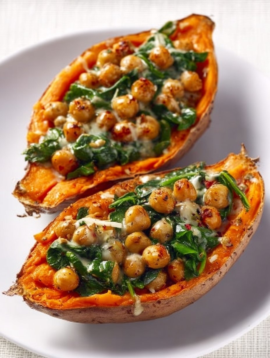 Stuffed Sweet Potatoes with Spinach, Crispy Chickpeas, and Tahini
