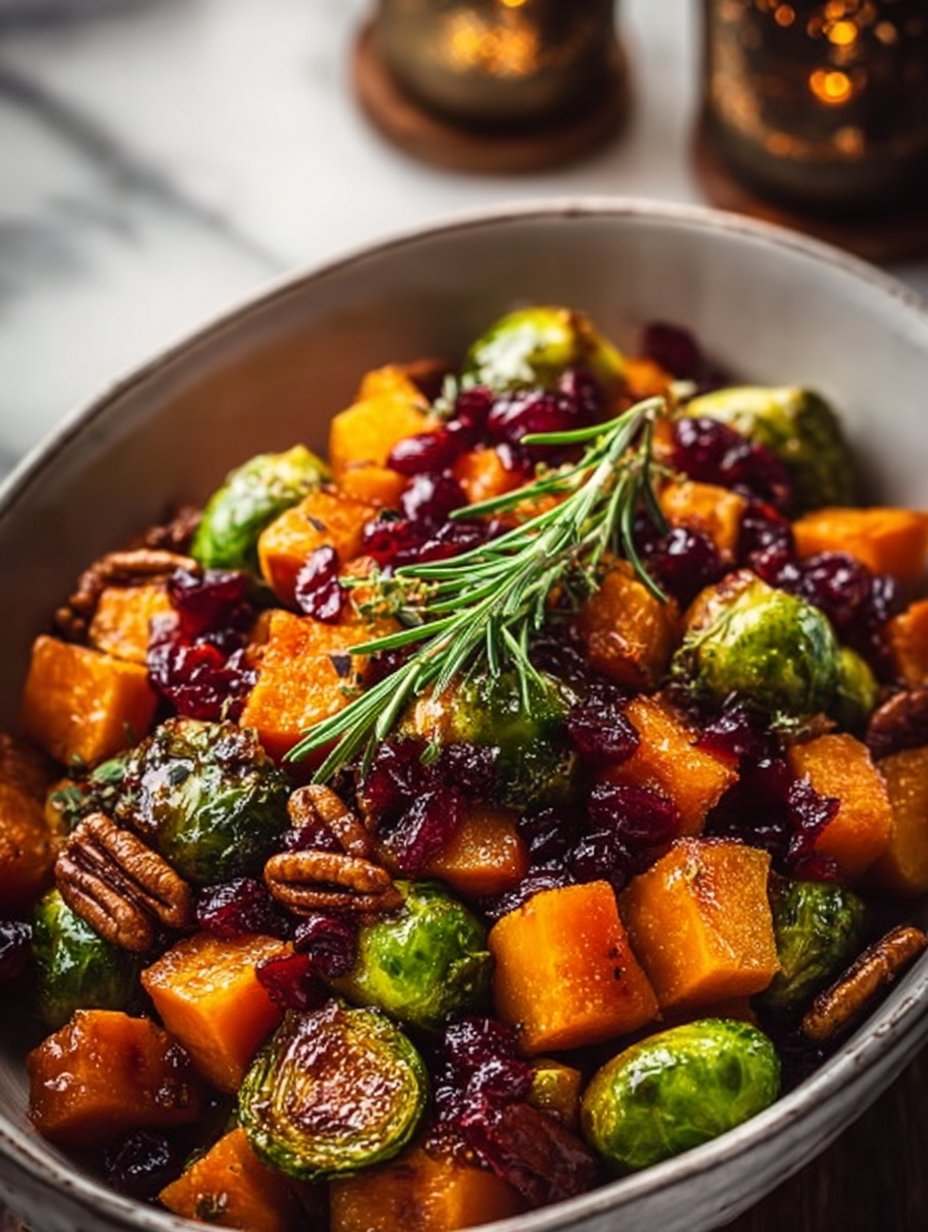 Roasted Butternut Squash and Brussels Sprouts with Pecans and Cranberries