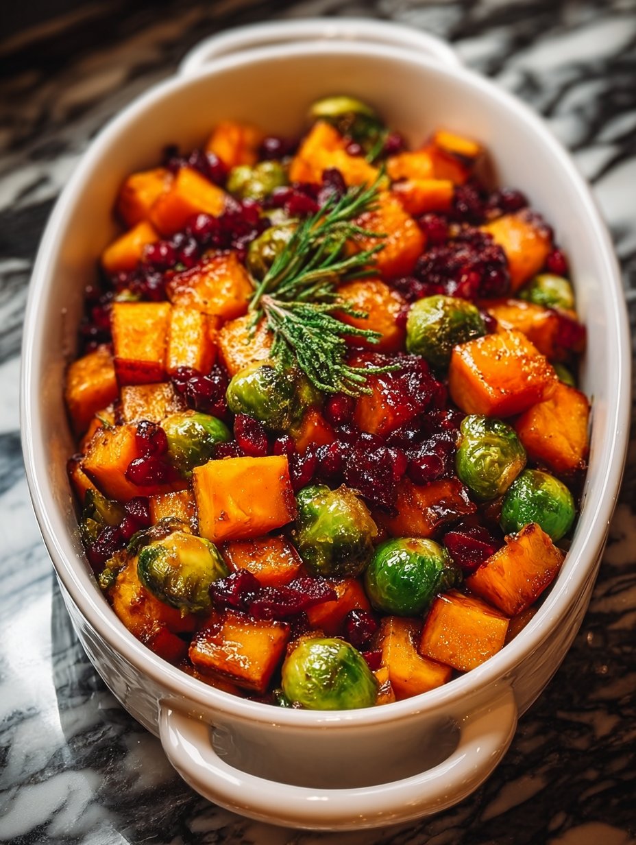 Roasted Butternut Squash and Brussels Sprouts with Pecans and Cranberries
