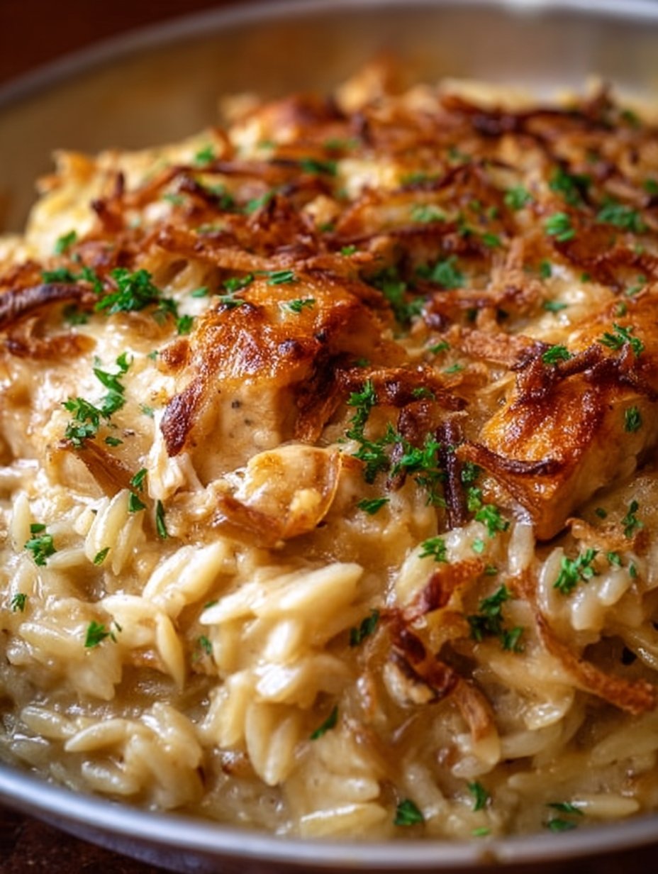 French Onion Chicken Orzo Casserole