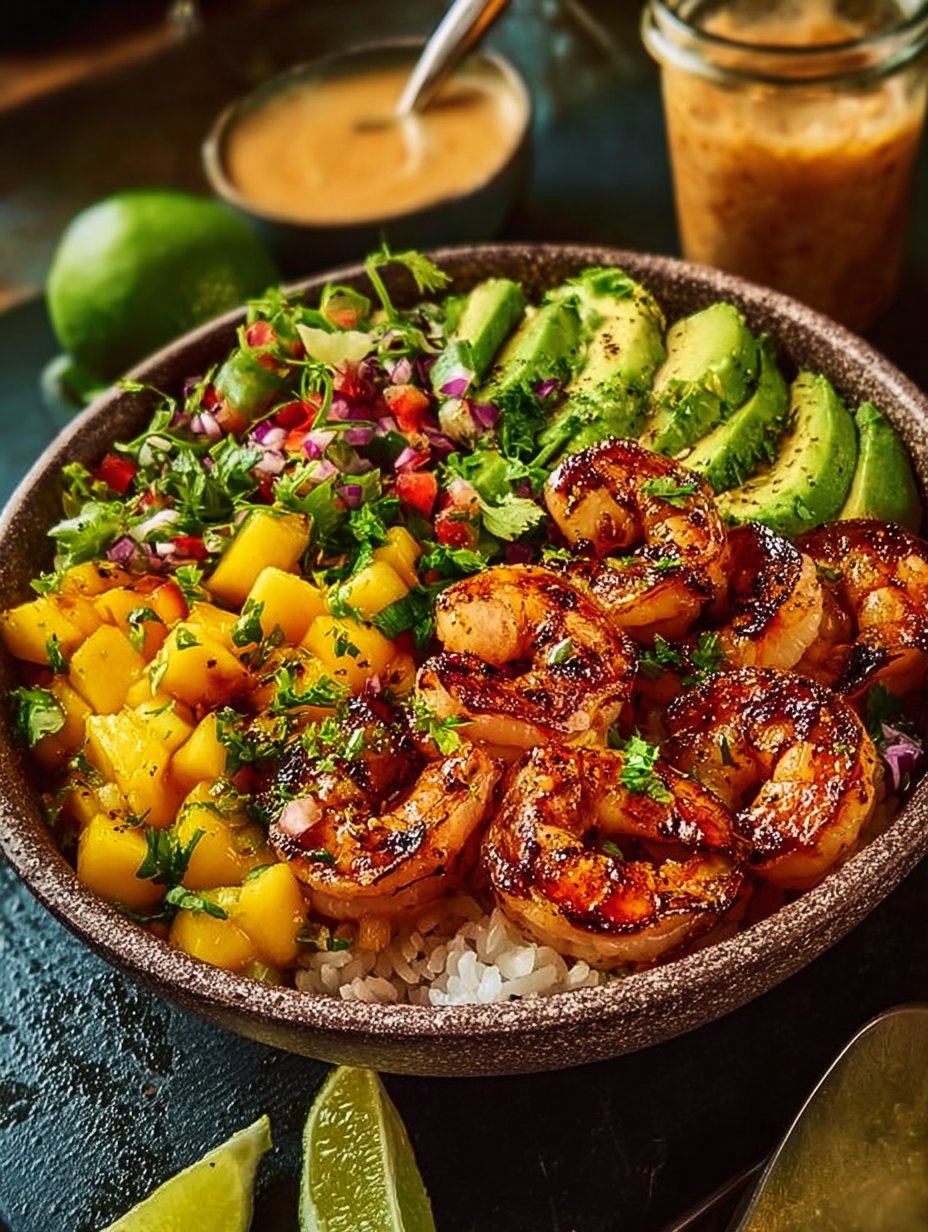 Shrimp and Avocado Bowls with Mango Salsa & Lime-Chili Sauce