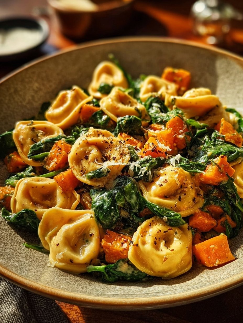 Creamy Skillet Tortellini with Sweet Potato and Spinach