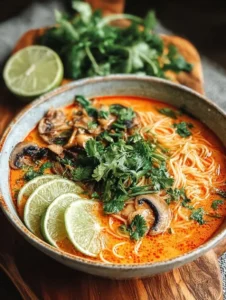 A bowl of Thai Red Curry Noodle Soup topped with fresh herbs and chili.