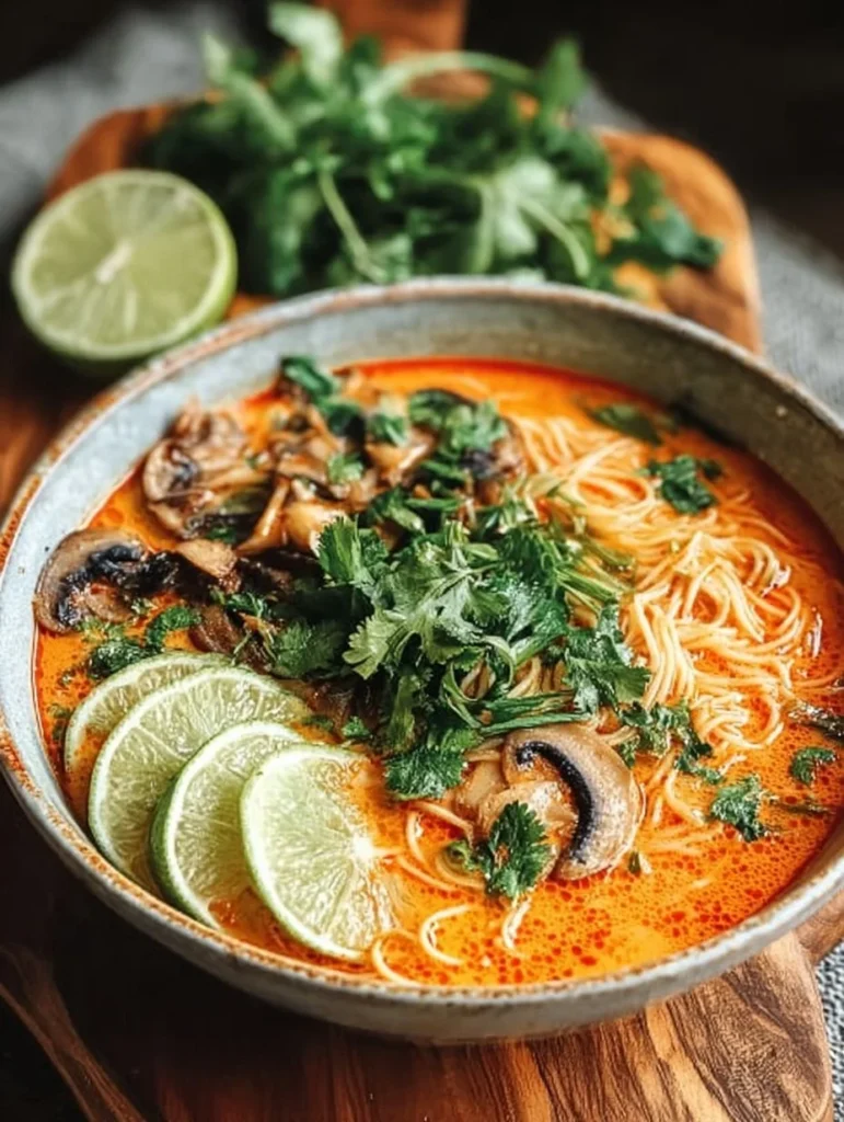 A bowl of Thai Red Curry Noodle Soup topped with fresh herbs and chili.