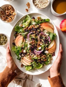 Fresh and colorful Apple Walnut Salad with greens, apples, walnuts, and dressing