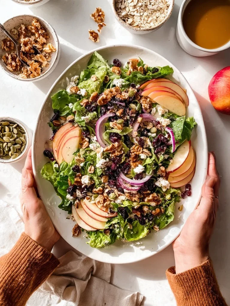 Fresh and colorful Apple Walnut Salad with greens, apples, walnuts, and dressing