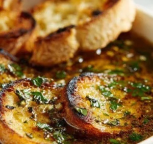 Bowl of authentic French country garlic soup with fresh herbs and crusty bread.