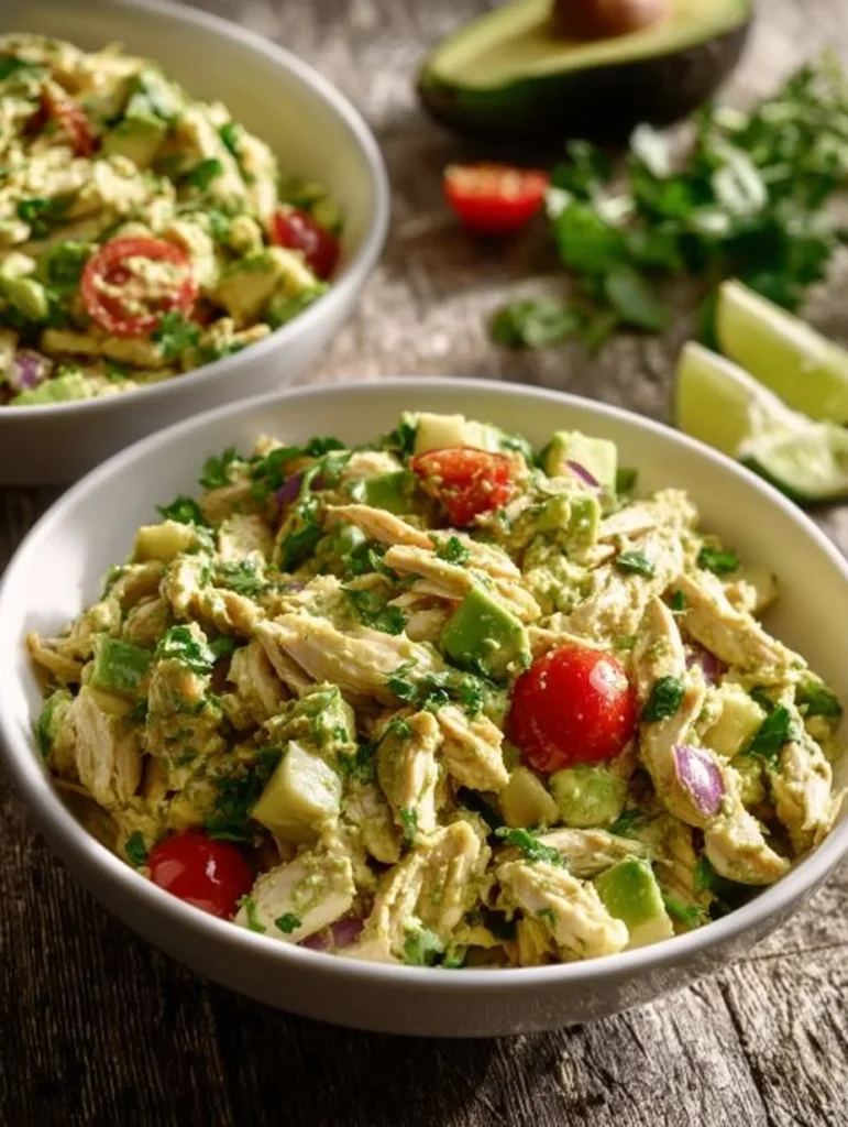 A vibrant bowl of Avocado Chicken Salad with fresh ingredients and colorful toppings.