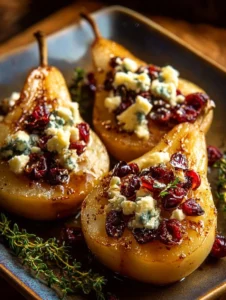 Baked pears with feta, honey, and cranberries served on a white plate