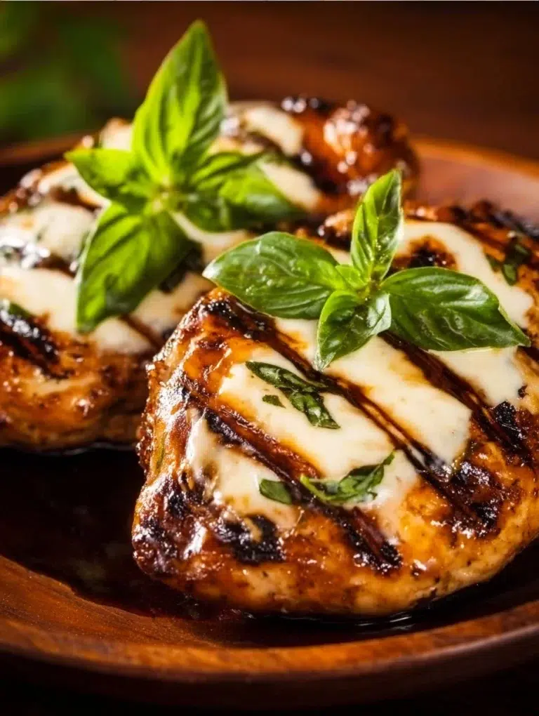 Plate of flavorful balsamic baked chicken breast garnished with herbs