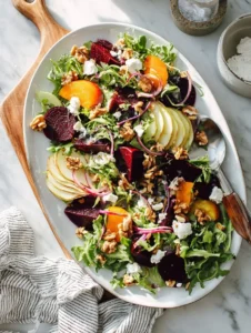 Colorful beet salad with goat cheese and balsamic dressing served in a bowl