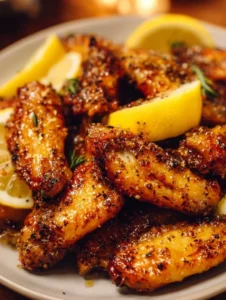 Plate of delicious sticky lemon pepper wings garnished with lemon slices.