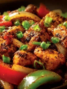 Plate of savory black pepper chicken with vegetables and rice