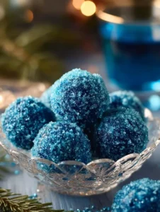 Blue Christmas Truffles with festive decorations and chocolate coating