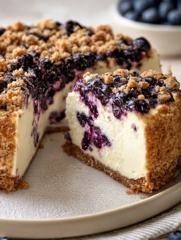 Delicious blueberry cheesecake topped with fresh blueberries