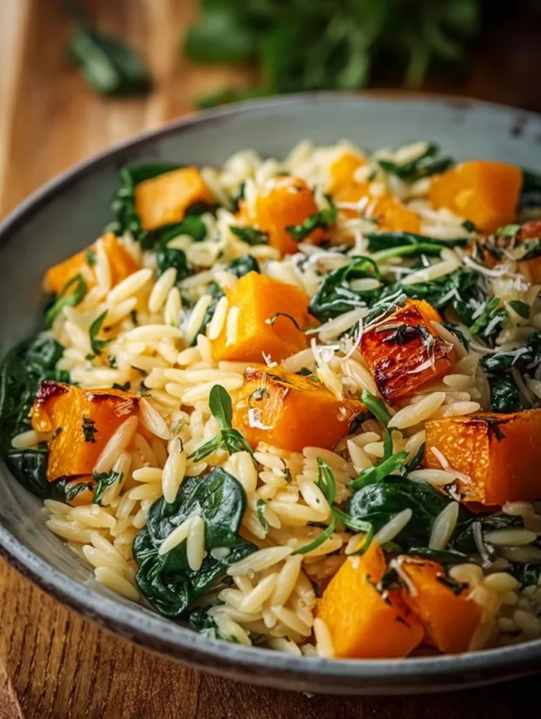 Delicious butternut squash and spinach orzo dish served in a bowl