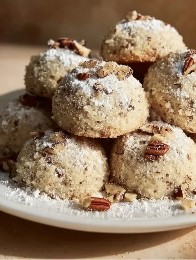 Plate of buttery pecan snowball cookies dusted with powdered sugar