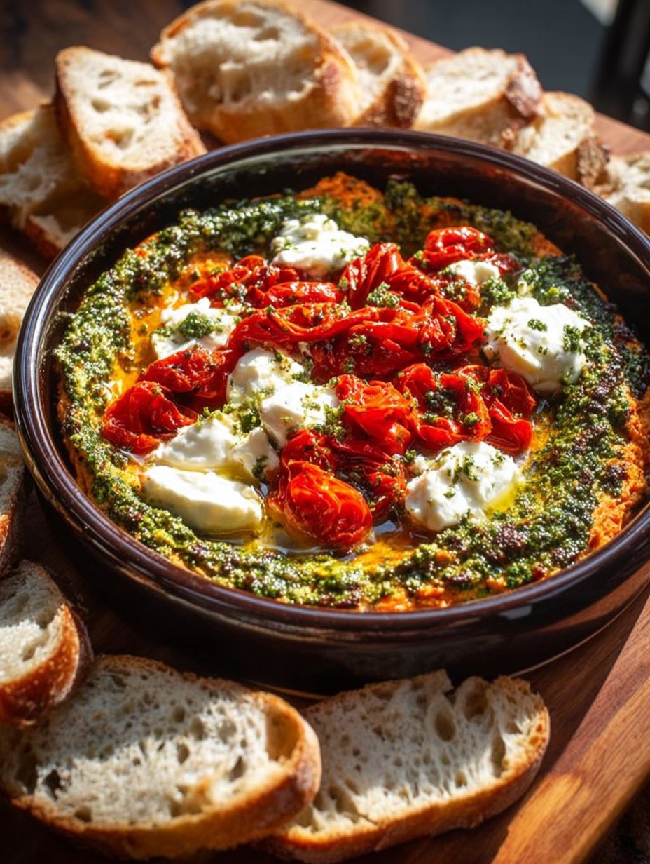 Roasted Red Pepper Goat Cheese Pesto Dip