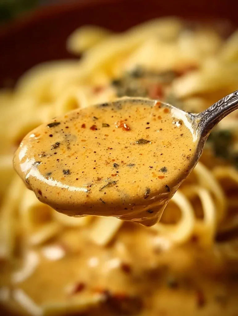 Creamy Cajun Alfredo sauce drizzled over pasta