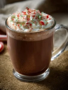 A mug of Candy Cane Hot Chocolate topped with whipped cream and crushed candy canes.